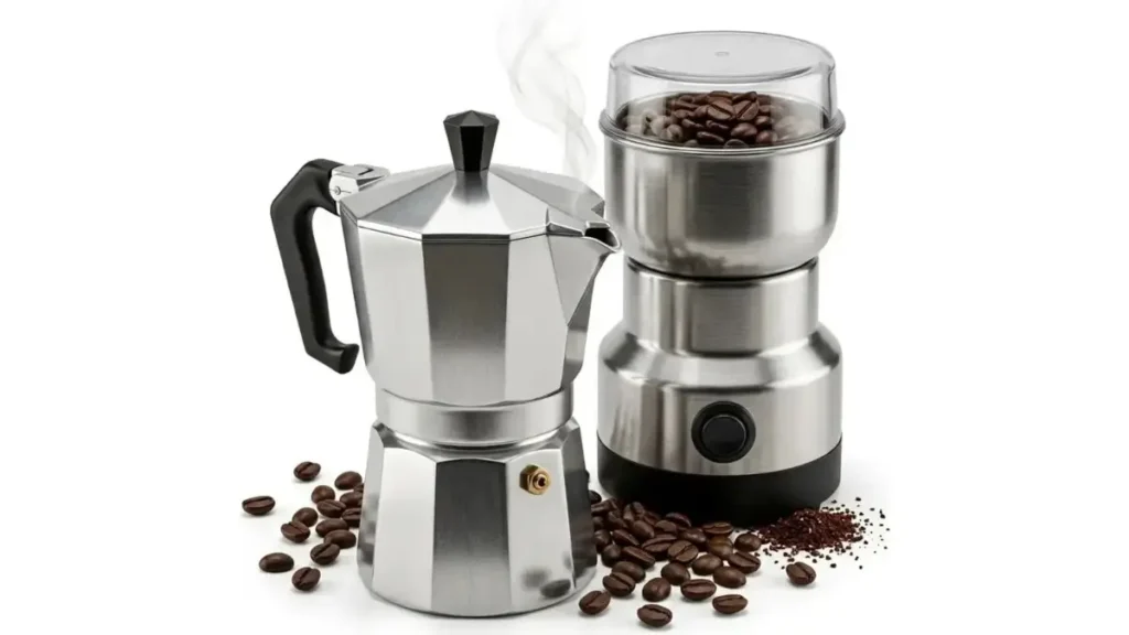 Kit Barista Cafeteira Italiana Moka + Moedor Elétrico Inox com desconto, Aproveite!
